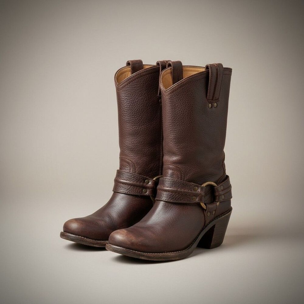 Frye Carmen Harness Short Boot Dark Brown Pebbled Leather Womens 7B 77376 Worn
